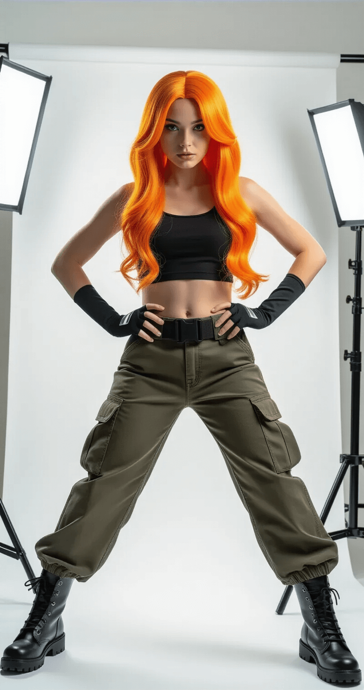 Orange Hair Cosplay: Your Ultimate Guide to Rocking Vibrant Character Looks A model poses as Kim Possible in a minimalist photography studio, wearing a black crop top and cargo pants, with a vibrant orange layered wig. The image captures her mid-action with hands on hips, showcasing a gleaming utility belt, black fingerless gloves, and combat boots, all illuminated by dramatic side lighting.
