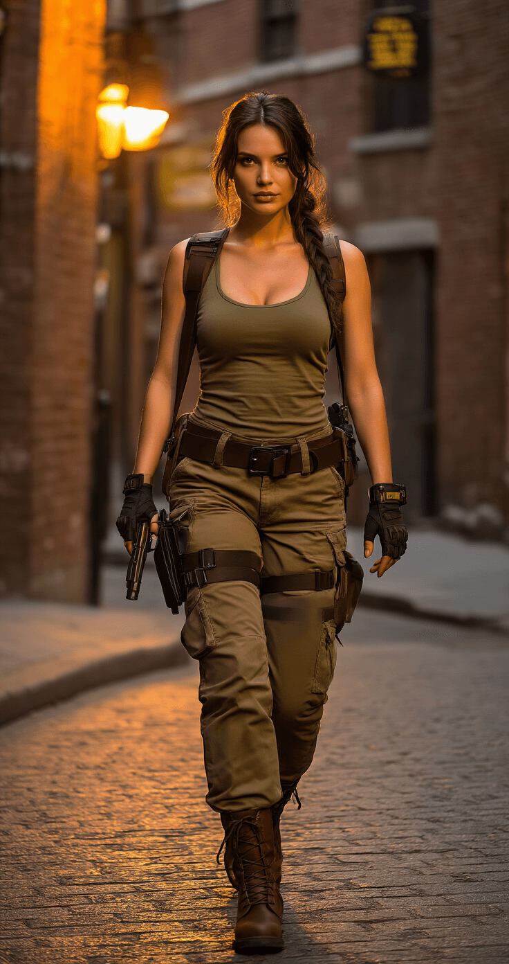 Easy Cosplay Ideas: Dress Up Without Breaking the Bank! A fashionable woman in a Lara Croft-inspired outfit walks confidently down an urban street corner during golden hour, wearing a fitted khaki tank top, structured cargo pants, and sturdy brown leather boots. She carries a messenger bag and a toy prop pistol, with warm streetlamp light casting dramatic shadows on her outfit against a backdrop of brick walls and city lights.