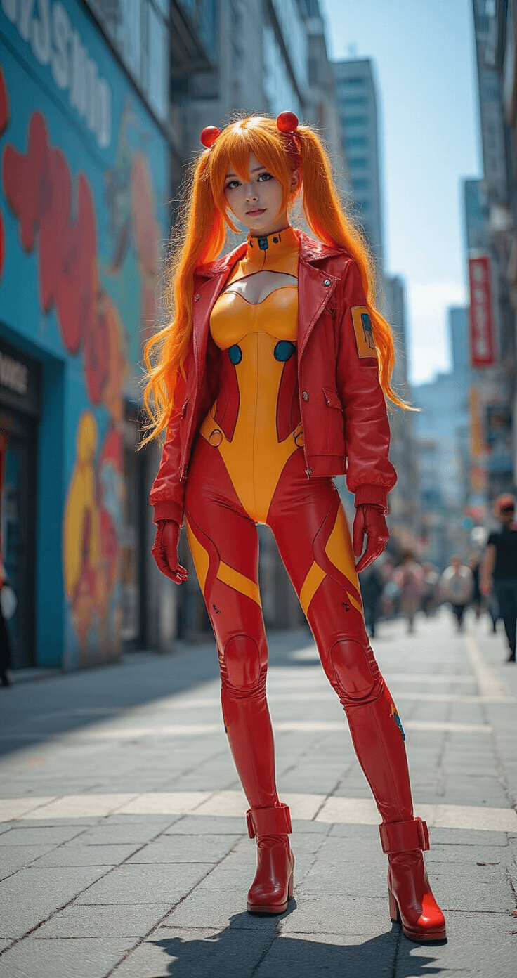 Orange Hair Cosplay: Your Ultimate Guide to Rocking Vibrant Character Looks A confident cosplayer dressed as Asuka Langley Soryu stands on a sunlit city street corner, showcasing bright orange twin-tails and a red plugsuit-inspired outfit. The urban backdrop features colorful murals and modern buildings, while her attire includes detailed accessories like hair clips and a matching red jacket, complemented by character-specific props. The image captures the vivid contrast between her striking hair and the vibrant urban environment.