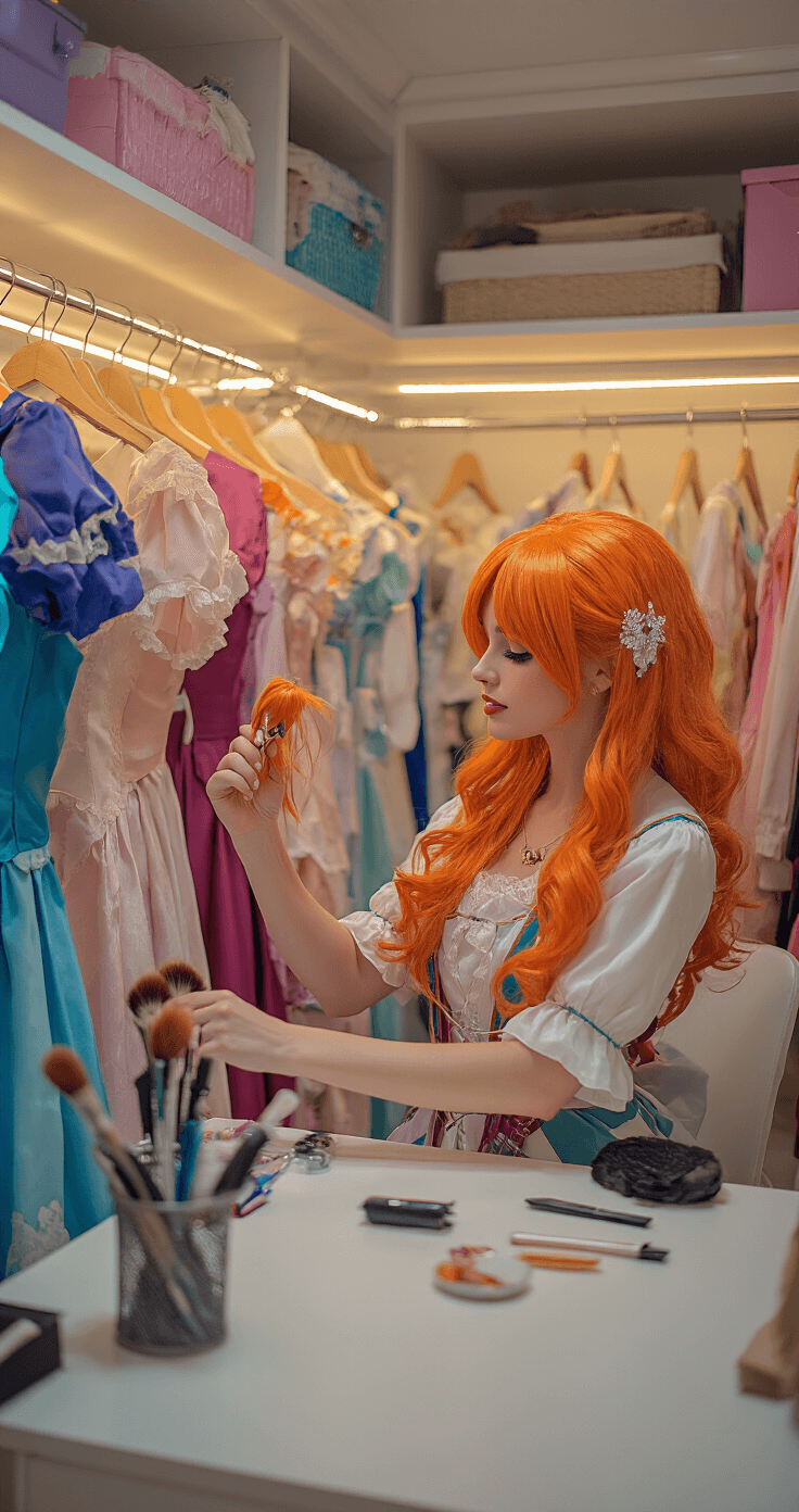 Orange Hair Cosplay: Your Ultimate Guide to Rocking Vibrant Character Looks A woman styles an orange wig in a well-lit walk-in closet, surrounded by neatly hung cosplay costumes in various vibrant colors, with a white vanity displaying styling tools and accessories.