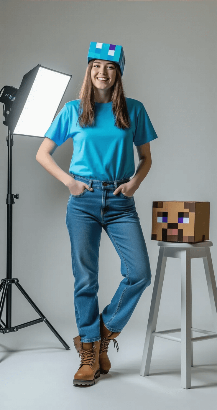 Easy Cosplay Ideas: Dress Up Without Breaking the Bank! A model playfully poses in a minimalist studio wearing a Minecraft Steve outfit, featuring a bright blue cotton t-shirt, medium-wash jeans, and brown work boots, with a cardboard pixelated mask nearby. The clean, even lighting highlights the vibrant colors and fabric textures, creating a fun atmosphere for showcasing DIY cosplay styling.