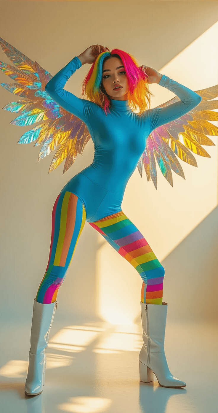 Epic Rainbow Dash Cosplay: Your Ultimate Style A confident young woman in a bright blue fitted bodysuit and vibrant rainbow-striped leggings strikes a dynamic pose in a sunlit urban studio. She wears white leather boots and a flowing rainbow wig with cyan, magenta, and yellow streaks, alongside craft foam wings with iridescent details. The shot is taken from a low angle, highlighting her athletic stance against a minimalist white backdrop during golden hour.