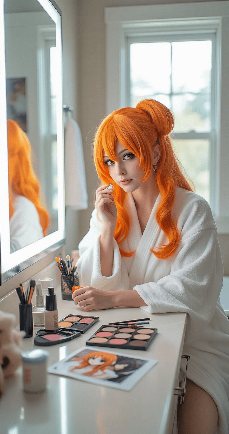 Orange Hair Cosplay: Your Ultimate Guide to Rocking Vibrant Character Looks A cosplayer in a white robe styles her orange wig at a vanity in a modern bathroom, surrounded by makeup and wig products, with soft morning light illuminating the preparation process and character reference photos.