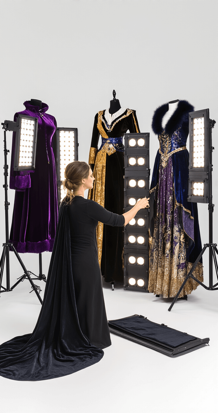A woman demonstrates costume styling techniques in a cozy photography studio, dressed in black cotton basics, surrounded by elaborate movie character outfits on mannequins. The scene features rich textures like velvet, sequins, and beadwork in deep purples, midnight blue, and gold against a clean white backdrop, illuminated by soft evening lighting.