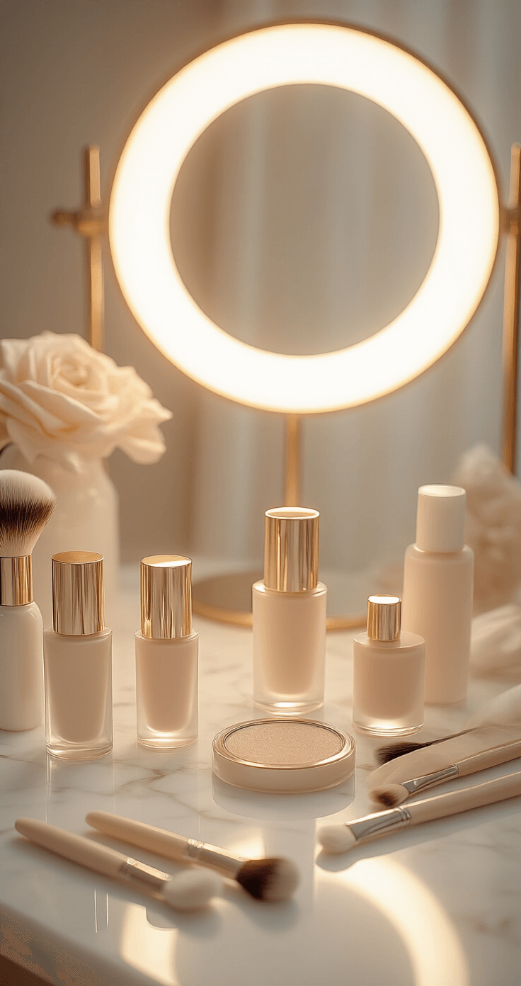 Tomie Cosplay Makeup: Mastering the Iconic Horror Beauty Look A professional beauty studio setup with soft ring lighting, featuring pale foundation bottles, makeup brushes, and beauty tools on a white marble surface, with golden hour light creating an ethereal glow around a female model in a silk robe, showcasing her porcelain skin under professional lighting.