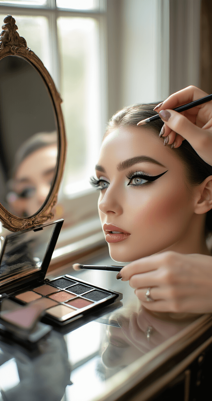 Tomie Cosplay Makeup: Mastering the Iconic Horror Beauty Look Close-up of almond-shaped eyes being expertly lined with black eyeliner, illuminated by soft ambient lighting. The porcelain complexion of the model contrasts with the dramatic eyeliner, with false lashes nearby on a vintage vanity mirror. A professional makeup artist's hands are visible, focusing on the intricate application process.