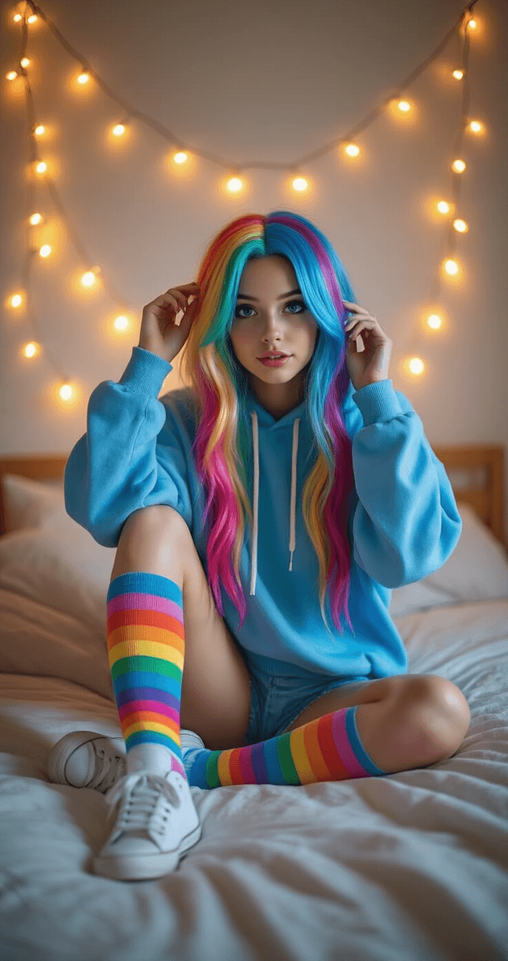 Epic Rainbow Dash Cosplay: Your Ultimate Style A young woman models a DIY Rainbow Dash look in a trendy bedroom adorned with fairy lights. She wears a blue oversized hoodie, rainbow-striped thigh-high socks, and white sneakers, while styling a colorful wig with cyan and magenta streaks. The soft ambient lighting creates a cozy atmosphere.