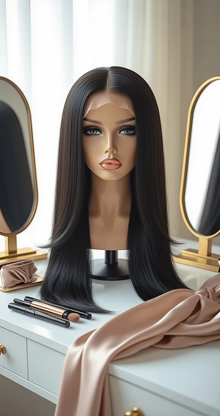 Tomie Cosplay Makeup: Mastering the Iconic Horror Beauty Look Elegant vanity corner in a modern bedroom with morning light, showcasing a perfectly styled black wig on a mannequin, surrounded by styling tools, silk scarves, and velvet accessories, set against clean white surfaces and gold accent mirrors.