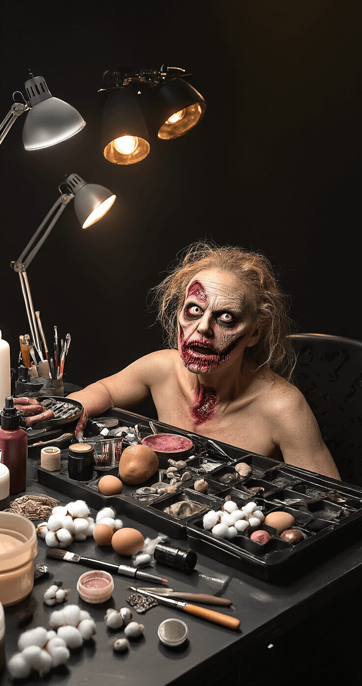 Tomie Cosplay Makeup: Mastering the Iconic Horror Beauty Look A professional special effects makeup station featuring liquid latex, cotton materials, and prosthetic supplies in an organized black workspace. Evening studio lighting casts a warm glow, highlighting a model mid-transformation with advanced horror makeup techniques, showcasing smooth latex and organic cotton textures. The color palette includes dark burgundy and flesh tones, creating a clinical yet artistic atmosphere, captured in detailed macro shots.