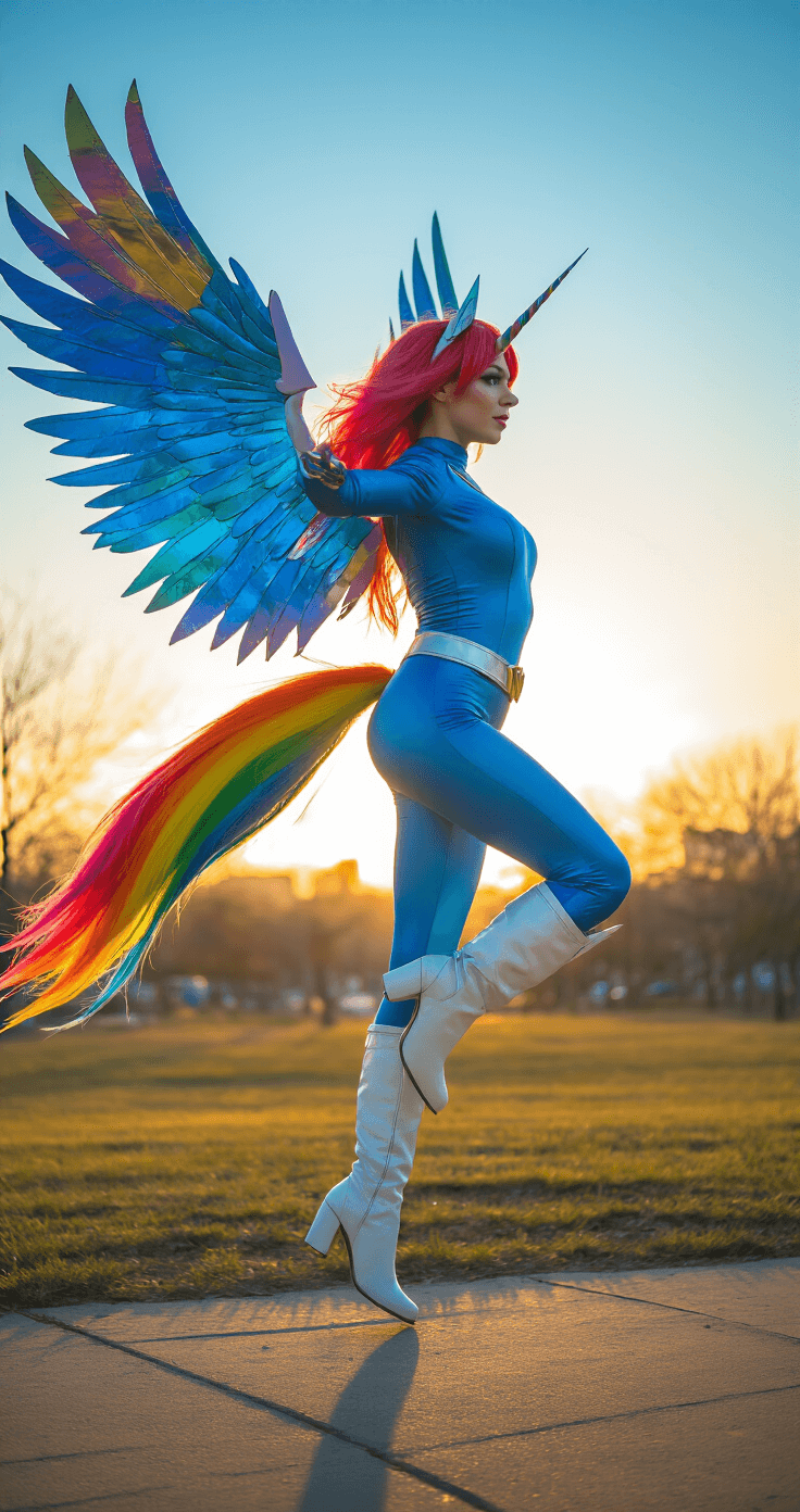 Epic Rainbow Dash Cosplay: Your Ultimate Style A woman in vibrant Rainbow Dash cosplay leaps confidently in an urban park during golden hour, wearing a fitted blue bodysuit, rainbow tail, white boots, and large craft foam wings. The low-angle shot captures her dynamic movement against the blue sky and warm sunset lighting, highlighting the iridescent textures of her wings.