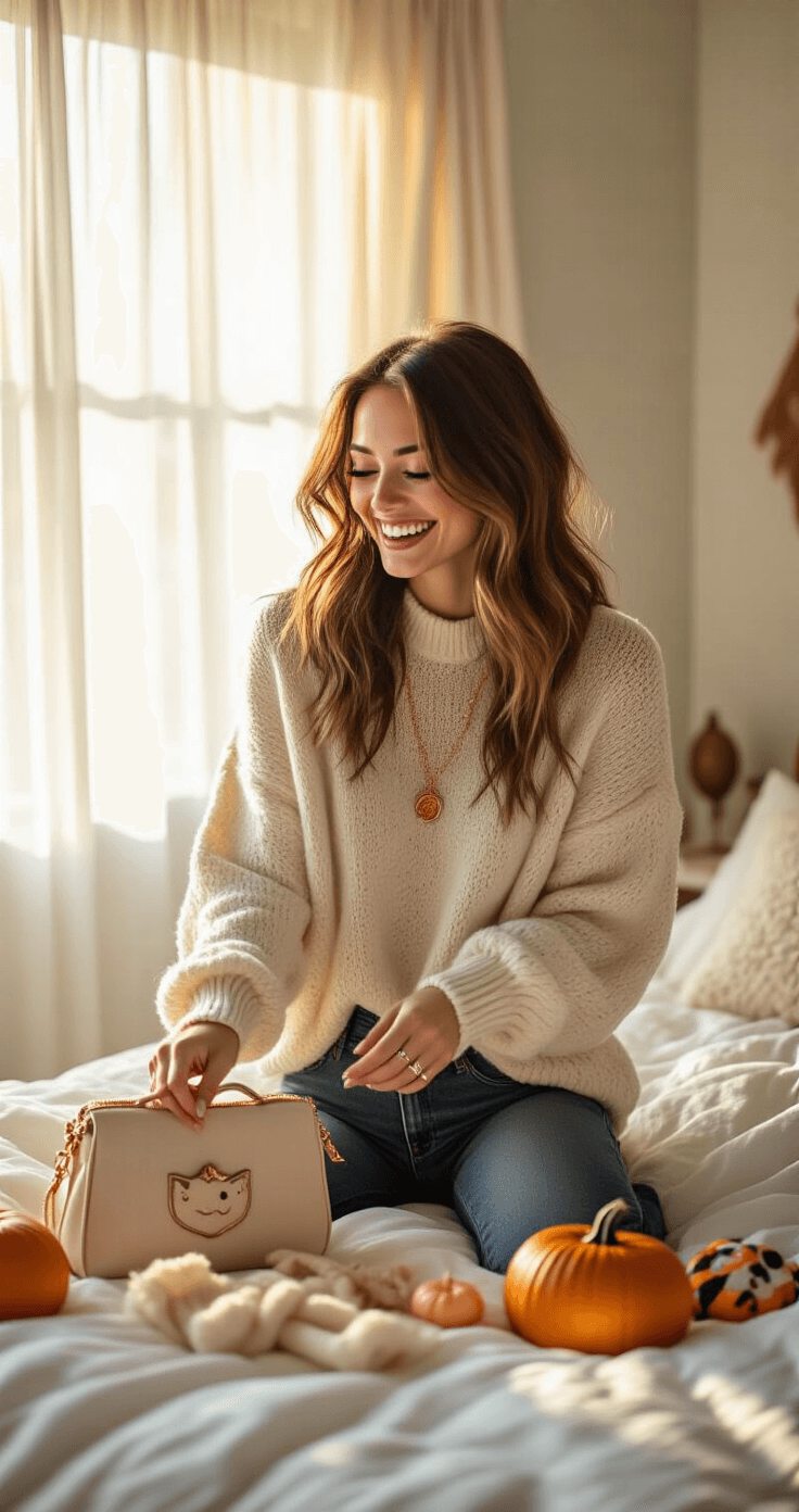 15 Hilarious Couple Costumes That Will Make Everyone Laugh This Halloween Stylish woman in oversized cream sweater and dark jeans playfully arranges quirky Halloween accessories on her bed in a modern bedroom during golden hour, with warm sunlight streaming through sheer curtains and soft shadows on white linen bedding.