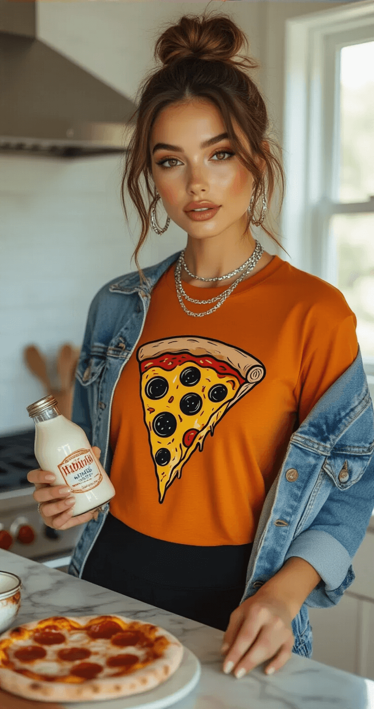 15 Hilarious Couple Costumes That Will Make Everyone Laugh This Halloween Fashionable woman in a bright kitchen, wearing a vintage pizza slice graphic tee and black leggings, holding a ranch bottle clutch bag, with cooking ingredients on marble countertops; natural light highlights her silver layered necklaces and messy bun hairstyle.