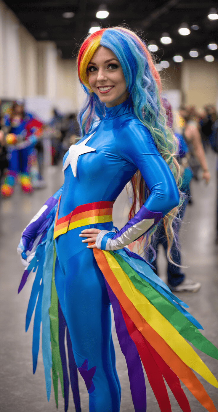 Epic Rainbow Dash Cosplay: Your Ultimate Style A confident woman dressed as Rainbow Dash in a bright blue bodysuit with rainbow accents, vibrant multicolored wig, and detailed foam wings, posing dynamically in an indoor event space, with blurred cosplayers in the background and bright LED lighting highlighting her costume details.
