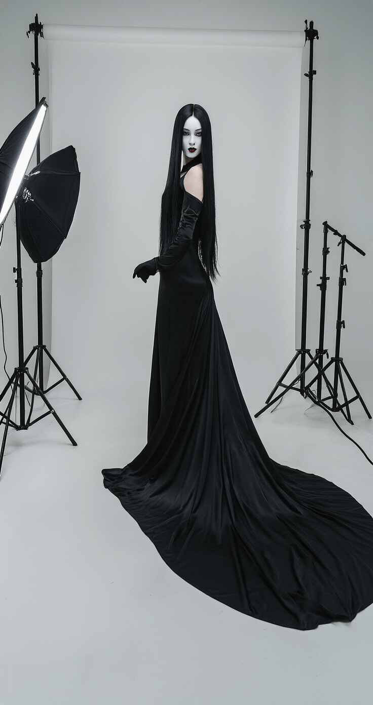 Tomie Cosplay Makeup: Mastering the Iconic Horror Beauty Look A model in a dramatic final Tomie transformation pose stands against a seamless white backdrop, wearing an elegant black dress and styled with a long black wig and porcelain makeup, captured in a minimalist studio with sharp focus and controlled lighting.