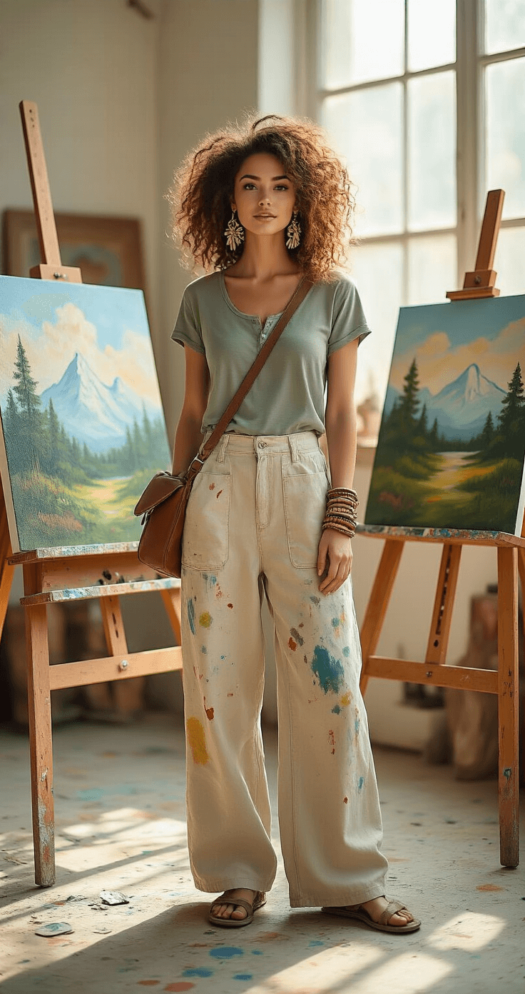 15 Hilarious Couple Costumes That Will Make Everyone Laugh This Halloween Full body shot of an artistic woman with curly auburn hair in a sunlit art studio, wearing paint-splattered wide-leg canvas pants and a sage green henley, standing beside easels displaying Bob Ross inspired artwork, adorned with quirky tree-branch earrings and wooden bracelets, her paint-stained canvas apron reflecting warm afternoon light.
