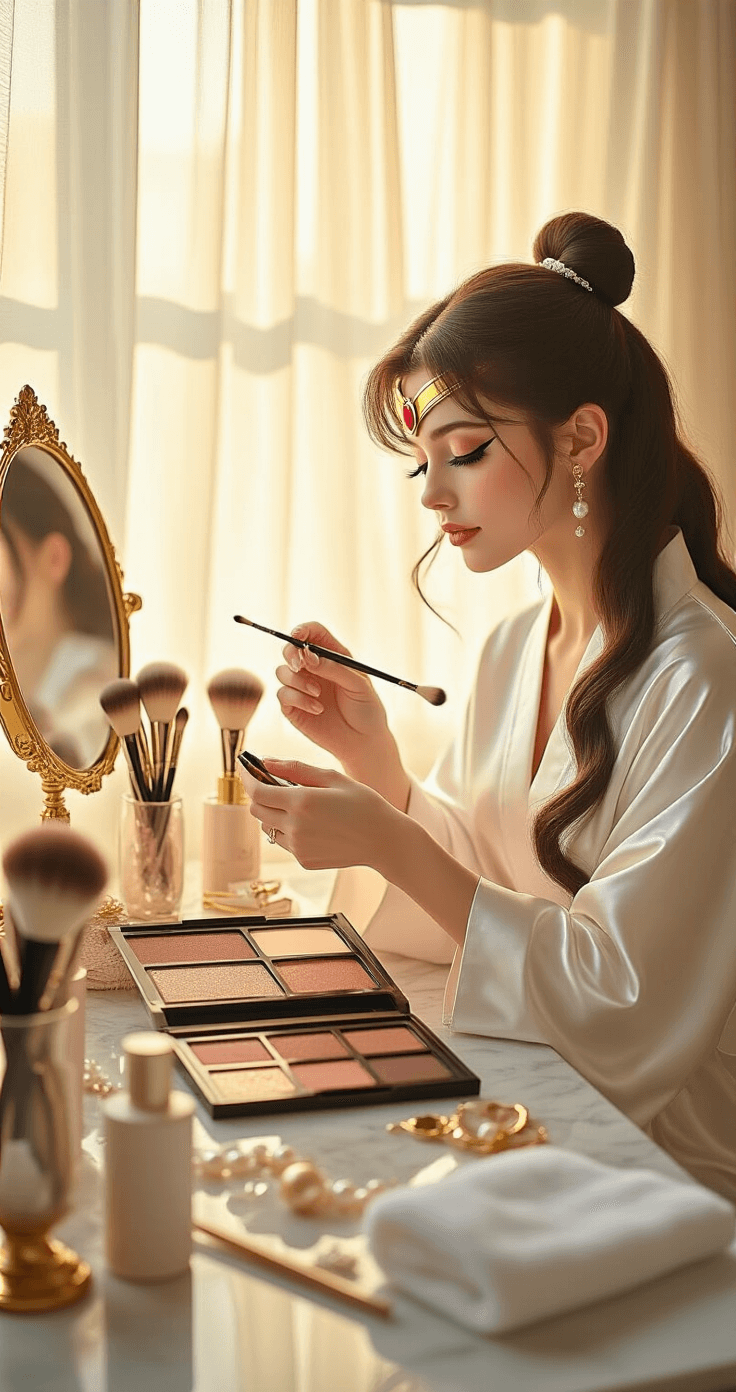 A young woman in a sunlit bedroom prepares for her Sailor Moon cosplay, wearing a silky white robe and applying winged eyeliner at a vanity surrounded by makeup tools, transformation props, and wig styling supplies, with soft light illuminating the space.