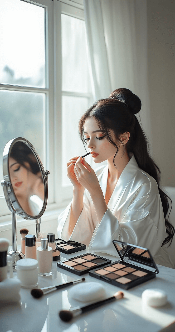 Tomie Cosplay Makeup: Mastering the Iconic Horror Beauty Look A model in a silk robe finalizes a Tomie cosplay look at a bright vanity, applying a beauty mark with precision amidst a luxurious setup of organized makeup, silver mirrors, and marble surfaces, emphasized by soft morning light and professional brushes.