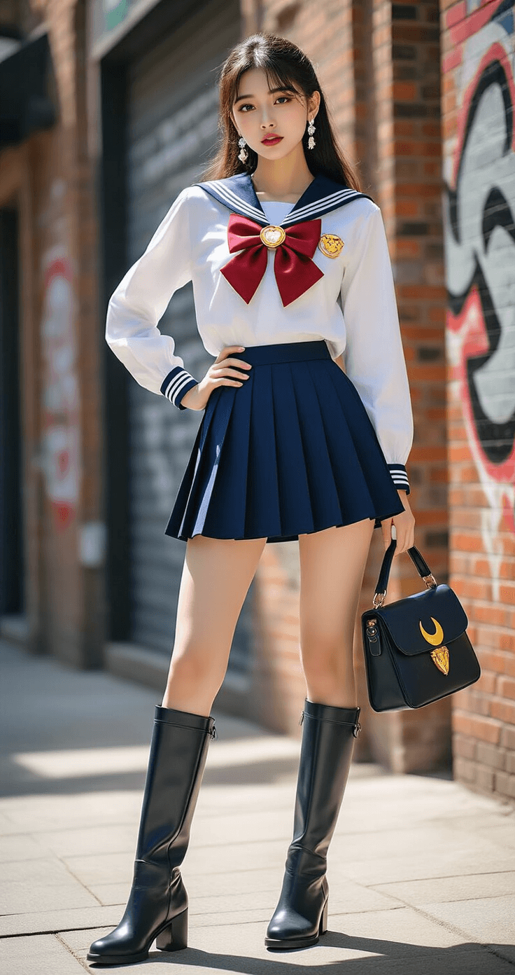 A confident model strikes a pose in a budget-friendly Sailor Moon inspired outfit on a trendy urban corner, featuring a navy pleated skirt, white blouse with sailor collar, red bow tie, and knee-high boots, amidst midday sunshine. She showcases layered accessories including a transformation brooch pin, moon-shaped earrings, and a structured leather crossbody bag, with a backdrop of modern brick walls adorned with artistic graffiti.