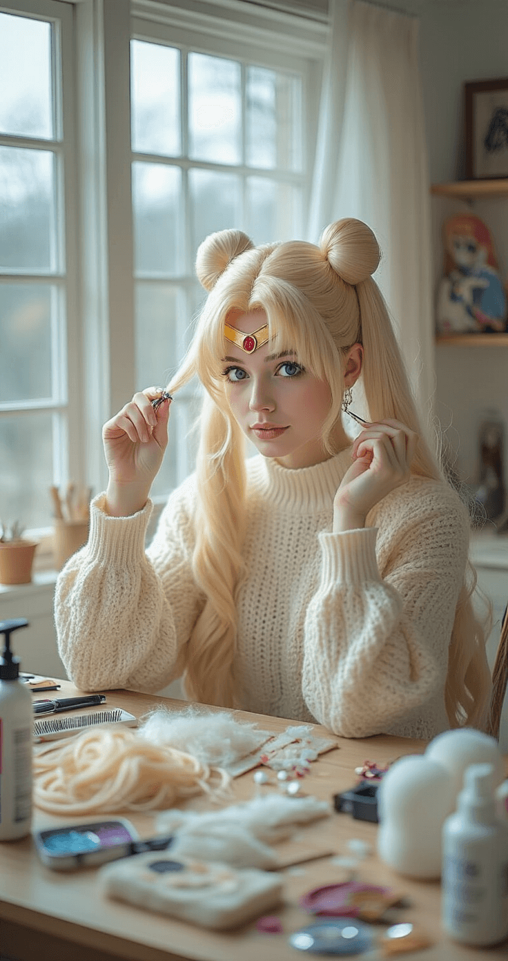 A model in a cozy living room, wearing a cream knit sweater and denim, styles a platinum blonde Sailor Moon wig at a well-organized crafting station, surrounded by wig styling tools and colorful crafting supplies, illuminated by soft ambient light from large windows.