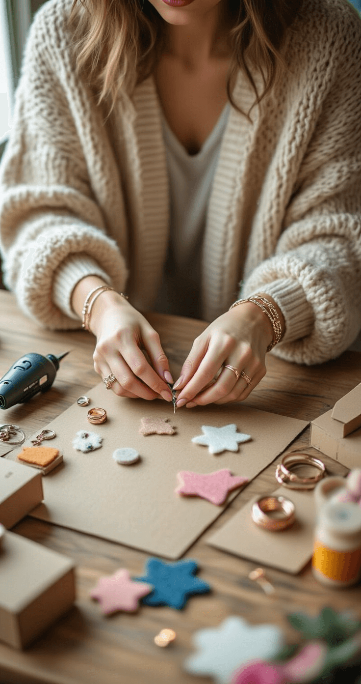15 Hilarious Couple Costumes That Will Make Everyone Laugh This Halloween Intimate close-up of hands in a chunky oatmeal cardigan working on DIY costume materials at a wooden craft table, surrounded by colorful felt, a hot glue gun, and fashion accessories, illuminated by soft natural light, showcasing rose gold rings and layered bracelets.