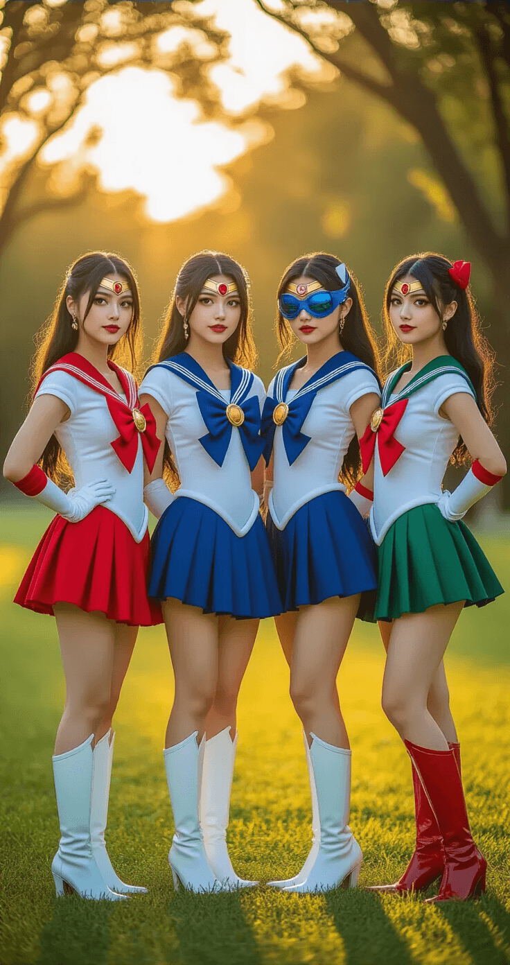 A group of friends dressed in coordinated Sailor Senshi costumes poses on manicured grass during golden hour, showcasing their outfits with matching white boots and character-specific accessories, including Mercury's blue visor and Mars's red heels, all capturing the spirit of friendship and cosplay.