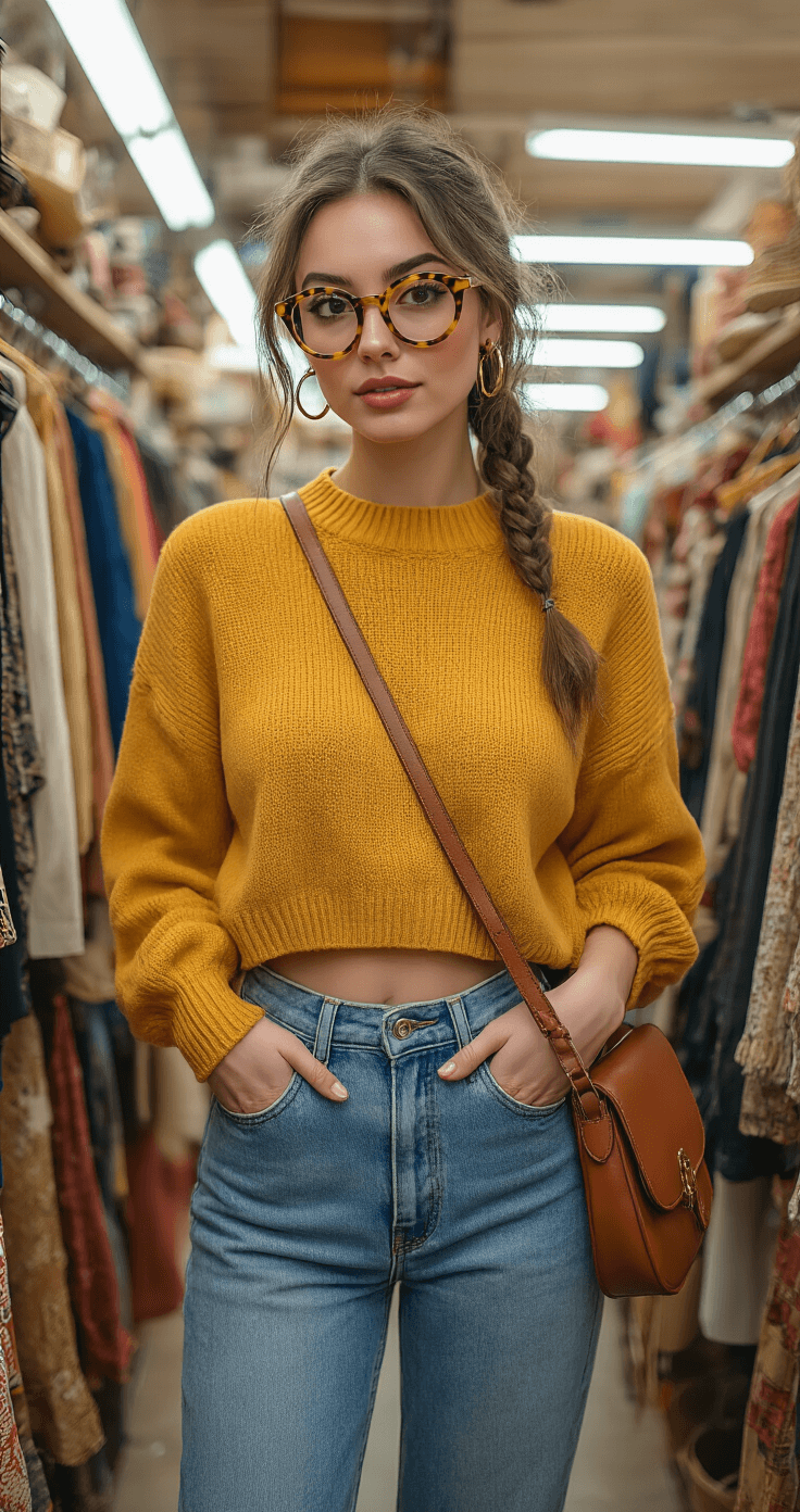 15 Hilarious Couple Costumes That Will Make Everyone Laugh This Halloween A trendy woman in high-waisted mom jeans and a mustard yellow crop sweater browses unique accessories and costume pieces in a vintage thrift store, illuminated by natural fluorescent lighting, showcasing her tortoiseshell glasses and cognac brown leather crossbody bag.