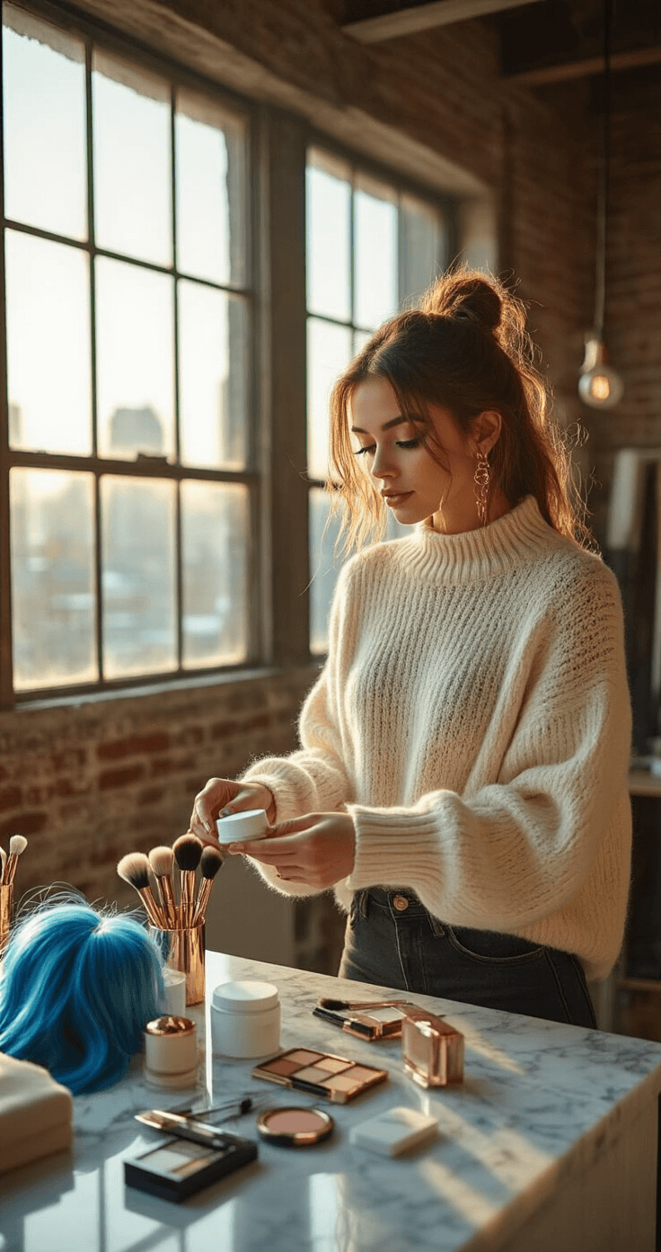 Sally Face Cosplay Makeup: A Detailed Guide to Recreating Sal Fisher's Iconic Look A young woman in a chic urban loft organizes Sally Face cosplay supplies on a marble vanity, bathed in golden hour light. She wears an oversized cream cashmere sweater and dark wash skinny jeans, reaching for face paint and makeup brushes, with a blue wig and black cream makeup arranged nearby. The cozy scene is enhanced by soft natural lighting that highlights the textures of her outfit and cosmetic packaging.
