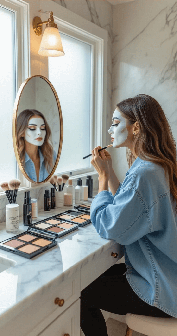 Sally Face Cosplay Makeup: A Detailed Guide to Recreating Sal Fisher's Iconic Look A woman in an oversized denim shirt and black leggings applies white face paint at an elegant marble vanity, surrounded by organized makeup brushes and skincare products, with natural daylight filtering through frosted windows.