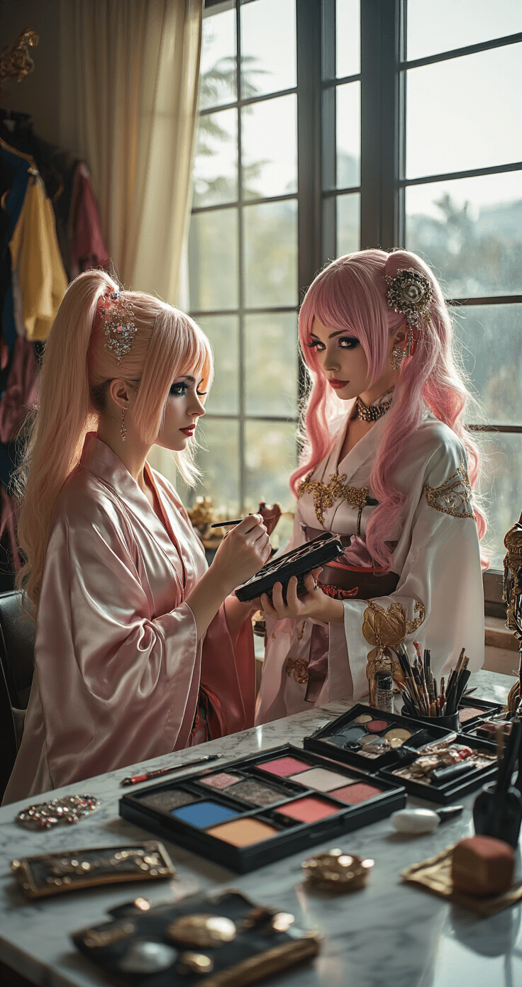 Cosplay Halloween: Your Ultimate Guide to Transformative Pop Culture Costumes A woman in a silk robe applies dramatic eye makeup at a well-organized studio workspace, illuminated by natural window light. Colorful wigs on stands and anime-inspired costume pieces surround her, with velvet fabrics, leather accessories, and rhinestone details spread across a marble surface, creating a dreamy atmosphere.