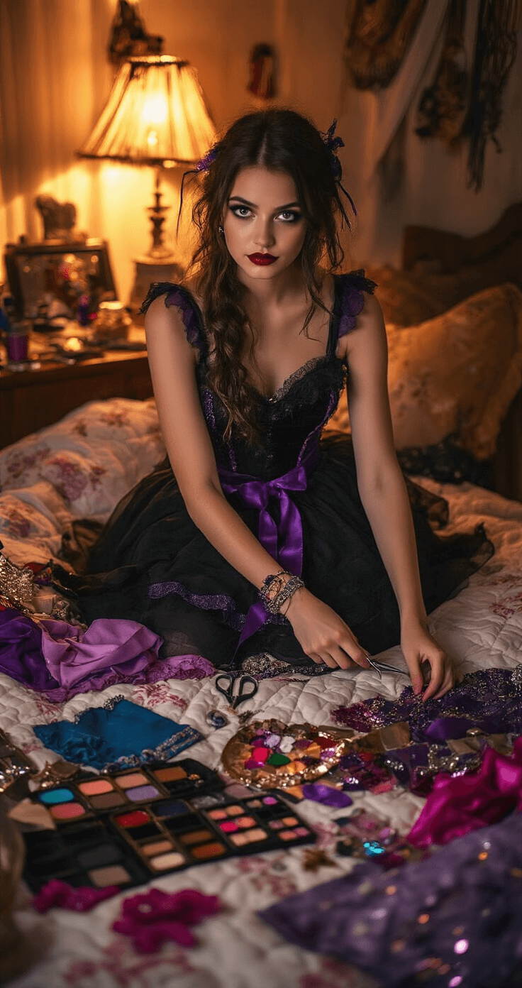 A college student works in a cozy bedroom, surrounded by colorful costume materials on a quilted bedspread, customizing a black dress with purple accents. Warm ambient lighting casts soft shadows, highlighting diverse textures like velvet and sequins in an organized creative workspace.