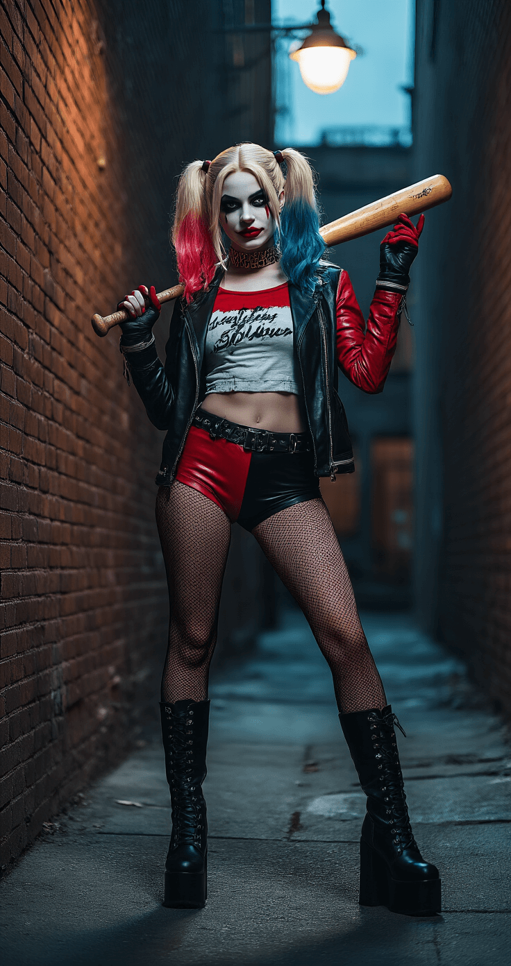 Cosplay Halloween: Your Ultimate Guide to Transformative Pop Culture Costumes A confident woman in Harley Quinn cosplay stands in an urban alley, wearing a red and black leather jacket, fishnet stockings, and platform boots. She poses with a baseball bat under the moody glow of a streetlight, creating a dramatic, high-contrast scene against the dark brick background.