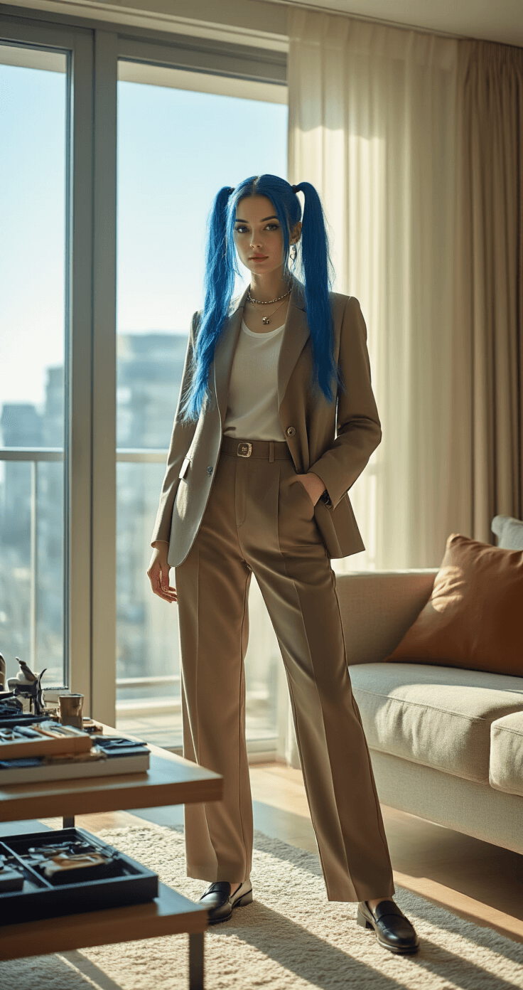 Sally Face Cosplay Makeup: A Detailed Guide to Recreating Sal Fisher's Iconic Look A woman in high-waisted trousers and a fitted blazer with blue pigtails poses confidently in a modern apartment living room, featuring contemporary furniture and organized cosplay supplies, illuminated by afternoon sunlight through floor-to-ceiling windows.