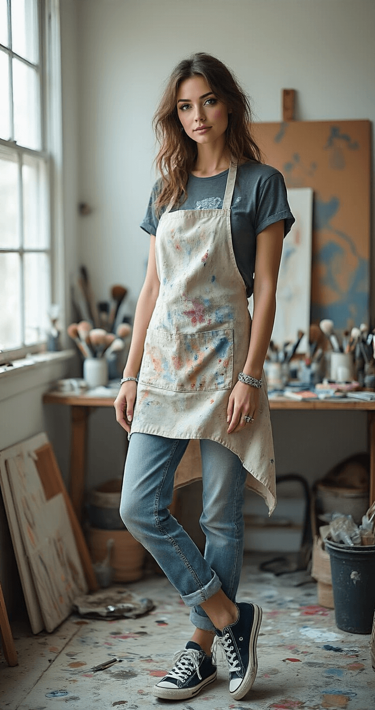 Sally Face Cosplay Makeup: A Detailed Guide to Recreating Sal Fisher's Iconic Look A woman in a paint-splattered apron and vintage band tee poses in her artist's studio, surrounded by art supplies and photography equipment, showcasing her completed cosplay transformation with soft, diffused light from north-facing windows.