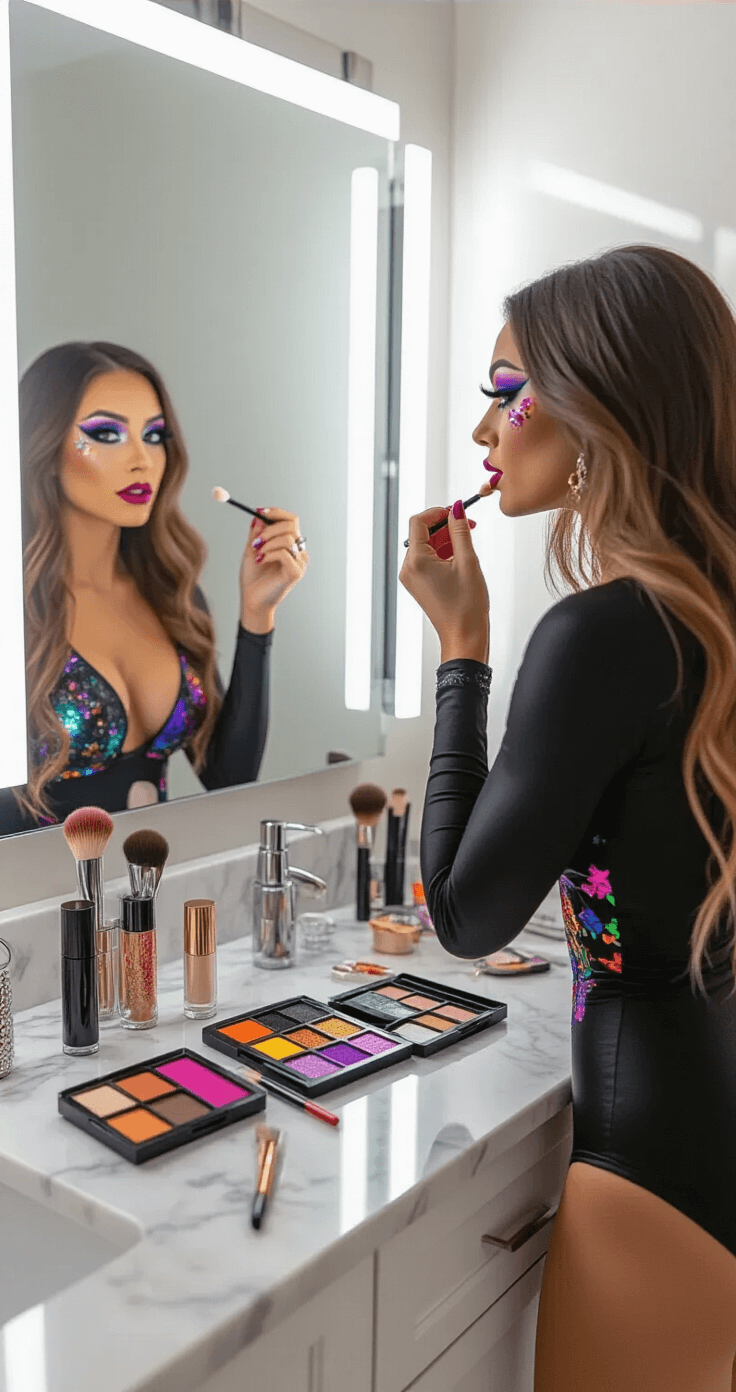 A confident college woman applies theatrical Halloween makeup in a modern bathroom, surrounded by organized makeup products and colorful costume accessories, all illuminated by bright vanity lighting.