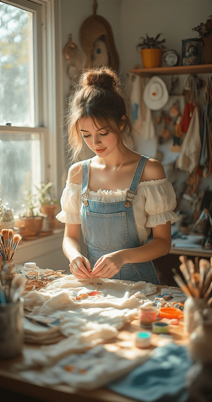 Cosplay Halloween: Your Ultimate Guide to Transformative Pop Culture Costumes A woman in a bright craft room works on a DIY cosplay costume using thrift store items and craft supplies, with afternoon sunlight illuminating colorful fabrics and painted accessories, showcasing her creative process and organized workspace filled with brushes and glue.