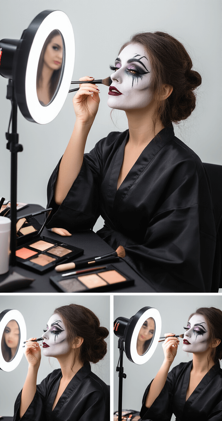 Cosplay Halloween: Your Ultimate Guide to Transformative Pop Culture Costumes Woman in an elegant black robe applies dramatic cosplay makeup in a makeup studio, surrounded by high-end brushes and palettes, with ring lights illuminating the detailed face painting against a clean white background.