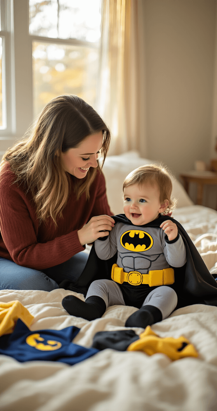 Adorable Toddler Halloween Costumes 2025: The Ultimate Parent's Guide A young mother and her toddler joyfully trying on a plush Batman costume in a cozy bedroom during golden hour, with warm natural light illuminating scattered costume accessories on a cream bed.