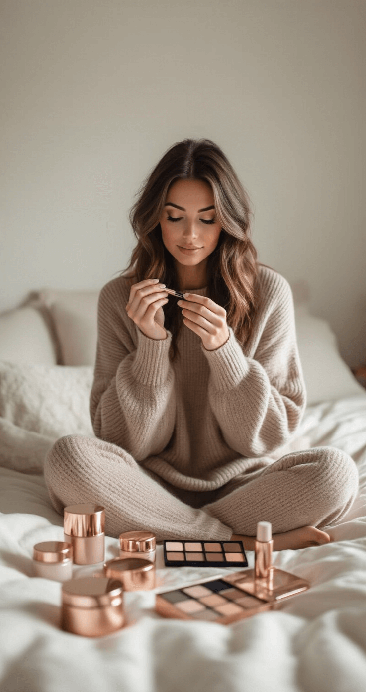 Woman in a taupe oversized cashmere sweater applying eyeshadow while sitting cross-legged on cream linen bedding, surrounded by organized rose gold makeup containers in a softly lit minimalist bedroom.