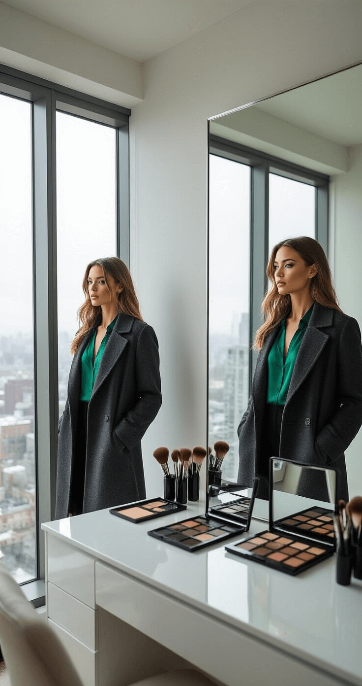 Model in a modern apartment stands before a full-length mirror in a charcoal wool coat over an emerald silk blouse, showcasing confident poses. Natural midday light pours in through floor-to-ceiling windows, illuminating a sleek white vanity with makeup brushes and palettes. Her reflection reveals a transformation process with half her face in natural makeup and half dramatically contoured.