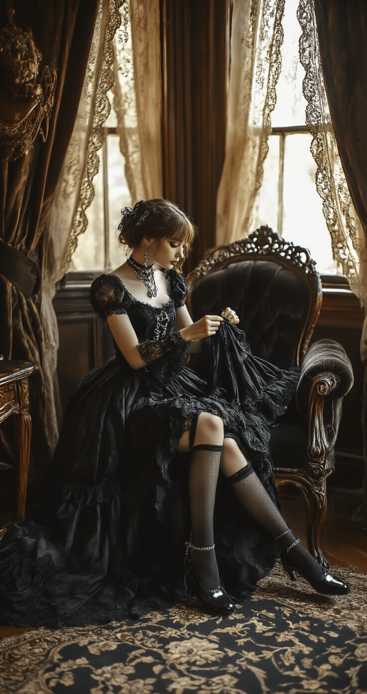 Mastering Misa Amane Cosplay: The Ultimate Gothic Anime Fashion A young woman in a Victorian-inspired bedroom arranges a Gothic Lolita outfit on an antique velvet chair, with golden hour light filtering through lace curtains, highlighting the rich textures of silk, velvet, and delicate lace in deep blacks and silver accents.