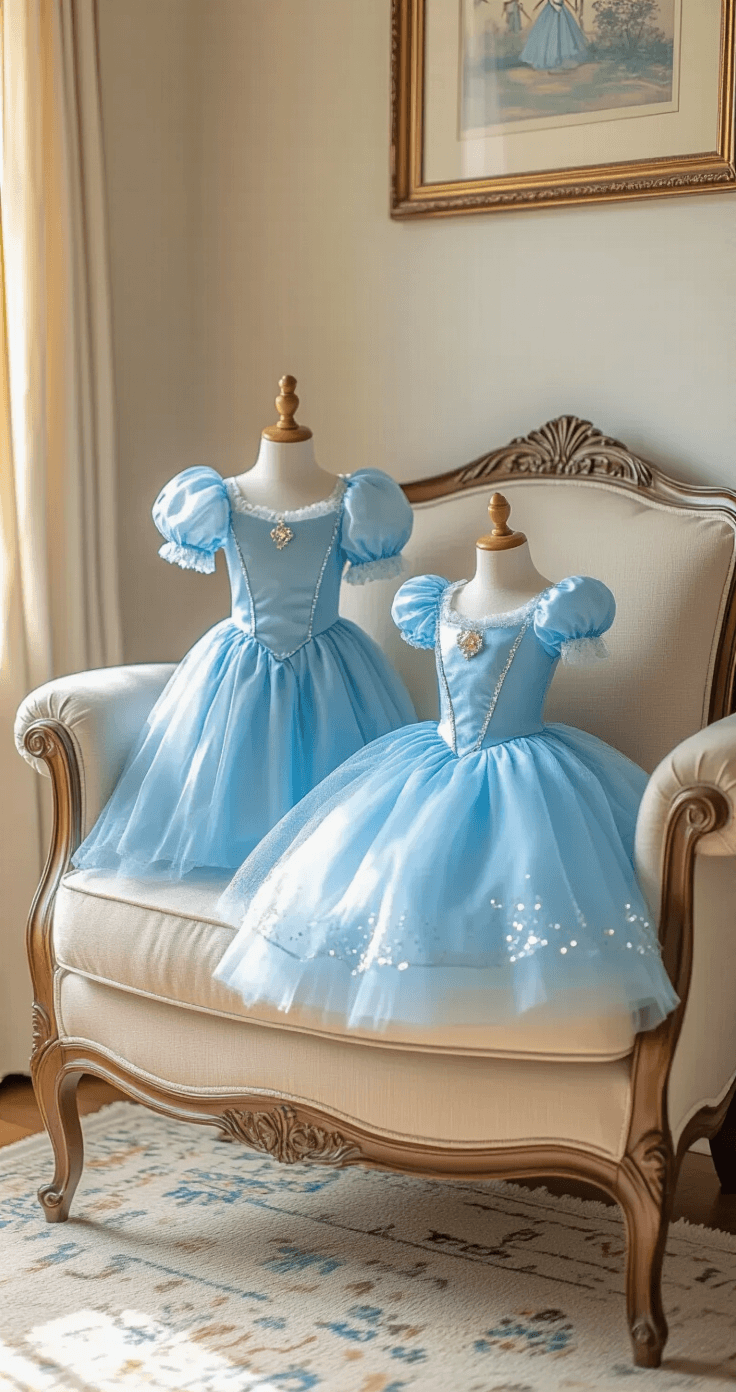 Adorable Toddler Halloween Costumes 2025: The Ultimate Parent's Guide A cozy living room bathed in warm afternoon light, featuring Disney princess and Bluey character costumes displayed on a vintage wooden chair, with a pastel blue Bluey costume and sparkly princess accessories adorning a neutral-toned sofa, highlighting rich fabric textures and soft tulle materials.