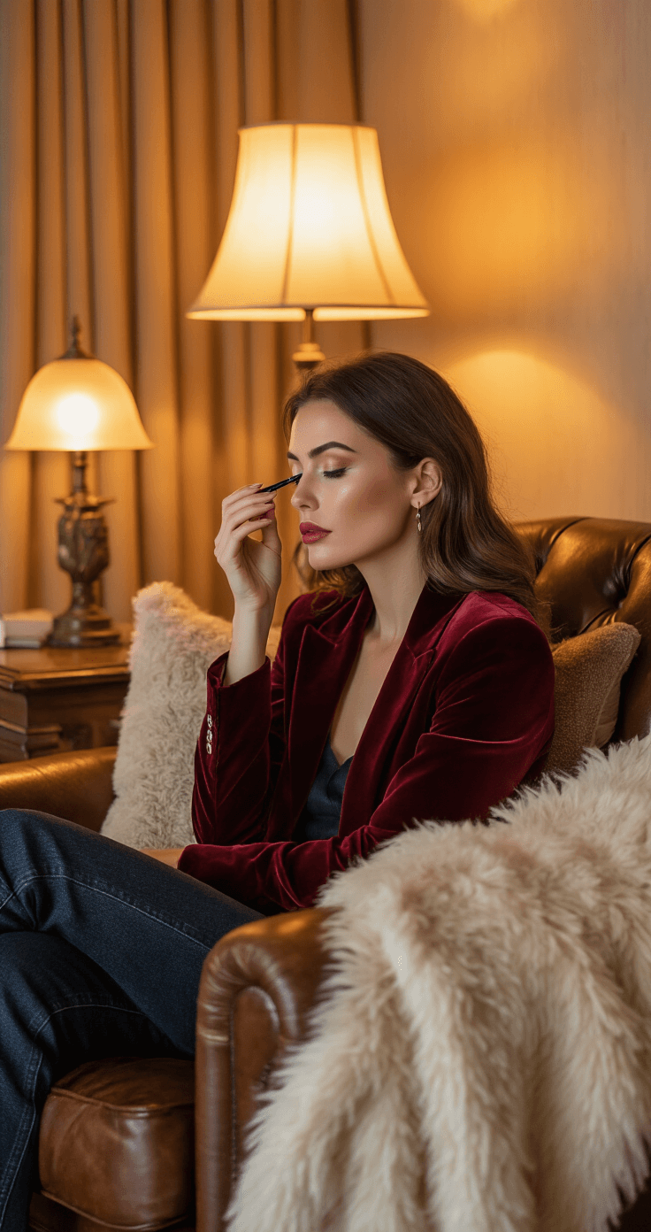 A woman in a burgundy velvet blazer and dark denim sits in a plush leather chair, applying liquid liner in warm amber light from vintage table lamps, surrounded by rich textures like wool throw pillows and smooth leather, conveying an intimate yet polished atmosphere.