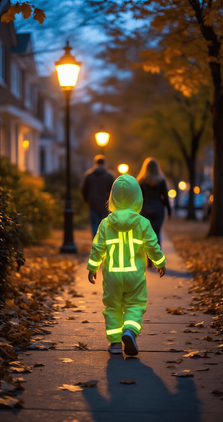 Adorable Toddler Halloween Costumes 2025: The Ultimate Parent's Guide A toddler in a glow-in-the-dark costume with reflective elements walks confidently on a suburban sidewalk beside parents, illuminated by an evening streetlamp and surrounded by autumn leaves, creating a warm Halloween atmosphere.
