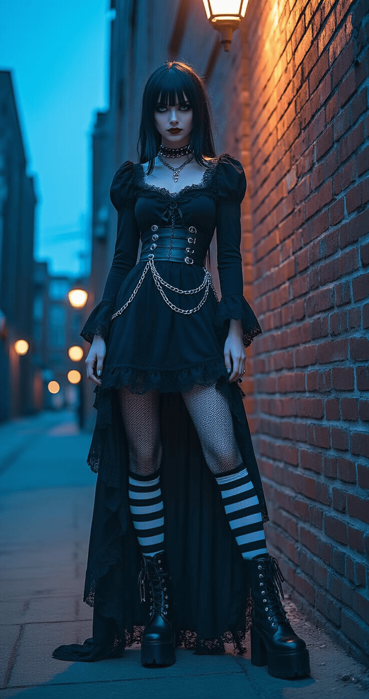 Mastering Misa Amane Cosplay: The Ultimate Gothic Anime Fashion A confident model in complete Misa Amane cosplay stands on a dark city corner during twilight, wearing a flowing black Gothic dress with lace trim, silver chains, striped stockings, and platform boots. Dramatic rim lighting from a streetlamp highlights her silhouette against textured brick walls, with a color palette of deep blacks, cool blues, and warm amber.