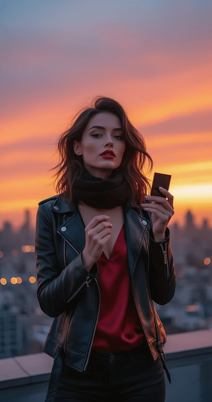 A fashion-forward woman in a fitted black leather jacket and deep red silk camisole practices character expressions while holding a compact mirror on an urban rooftop at sunset, with dramatic orange and pink sky lighting and twinkling city lights below. Her layers of clothing, including a wool scarf and flowing fabric, are gently moved by the wind, all captured in a confident pose against the urban landscape.