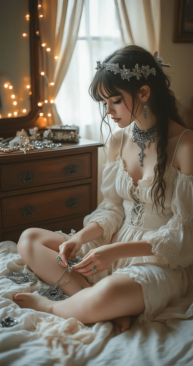 Mastering Misa Amane Cosplay: The Ultimate Gothic Anime Fashion Cozy bedroom scene featuring a young woman sitting cross-legged at a vintage wooden dresser, organizing cosplay accessories like silver chokers and gothic rings. Soft morning light filters through sheer curtains, illuminating items with a warm palette of creams, blacks, and rose gold. The focus is on intricate jewelry details amidst a dark academia aesthetic.