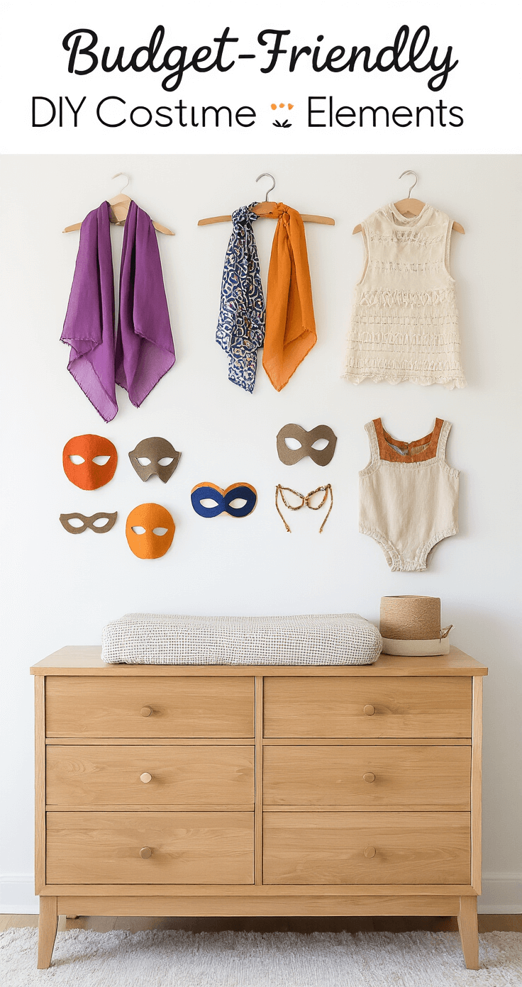 Adorable Toddler Halloween Costumes 2025: The Ultimate Parent's Guide A cozy minimalist nursery bathed in soft morning light, featuring a wooden dresser adorned with budget-friendly DIY costume elements like colorful scarves, simple masks, and versatile clothing accessories. Natural light filters through sheer curtains, accentuating cotton basics and felt items in earthy neutral tones, highlighted by pops of orange and purple.