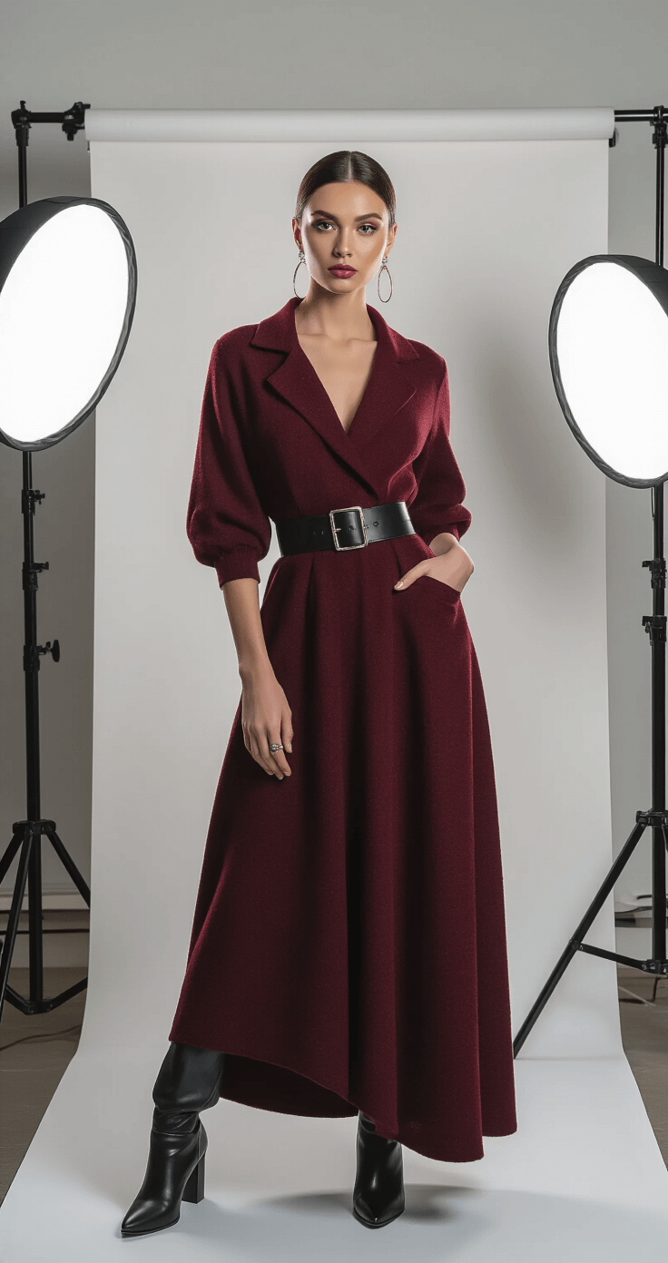 A model in a burgundy wool dress and black leather accessories poses confidently in a fashion studio with ring lights and a white backdrop, showcasing sophisticated makeup and various fabric textures in a full-body shot from a slightly lower angle.
