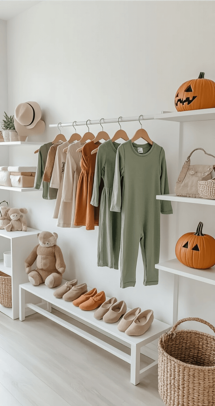 Adorable Toddler Halloween Costumes 2025: The Ultimate Parent's Guide Interior of a contemporary children's boutique featuring gender-neutral costumes on modern hangers against clean white walls, with natural lighting highlighting inclusive designs in sage green, soft grays, and warm caramel tones.