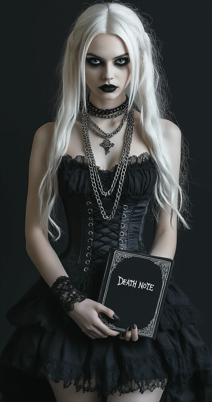 Mastering Misa Amane Cosplay: The Ultimate Gothic Anime Fashion Model in a gothic ensemble poses confidently with a Death Note prop book in a professional photography studio, featuring a seamless black backdrop and softbox lighting that highlights the textures of her structured black dress, layered chain necklaces, and dramatic eye makeup, captured from a low angle.